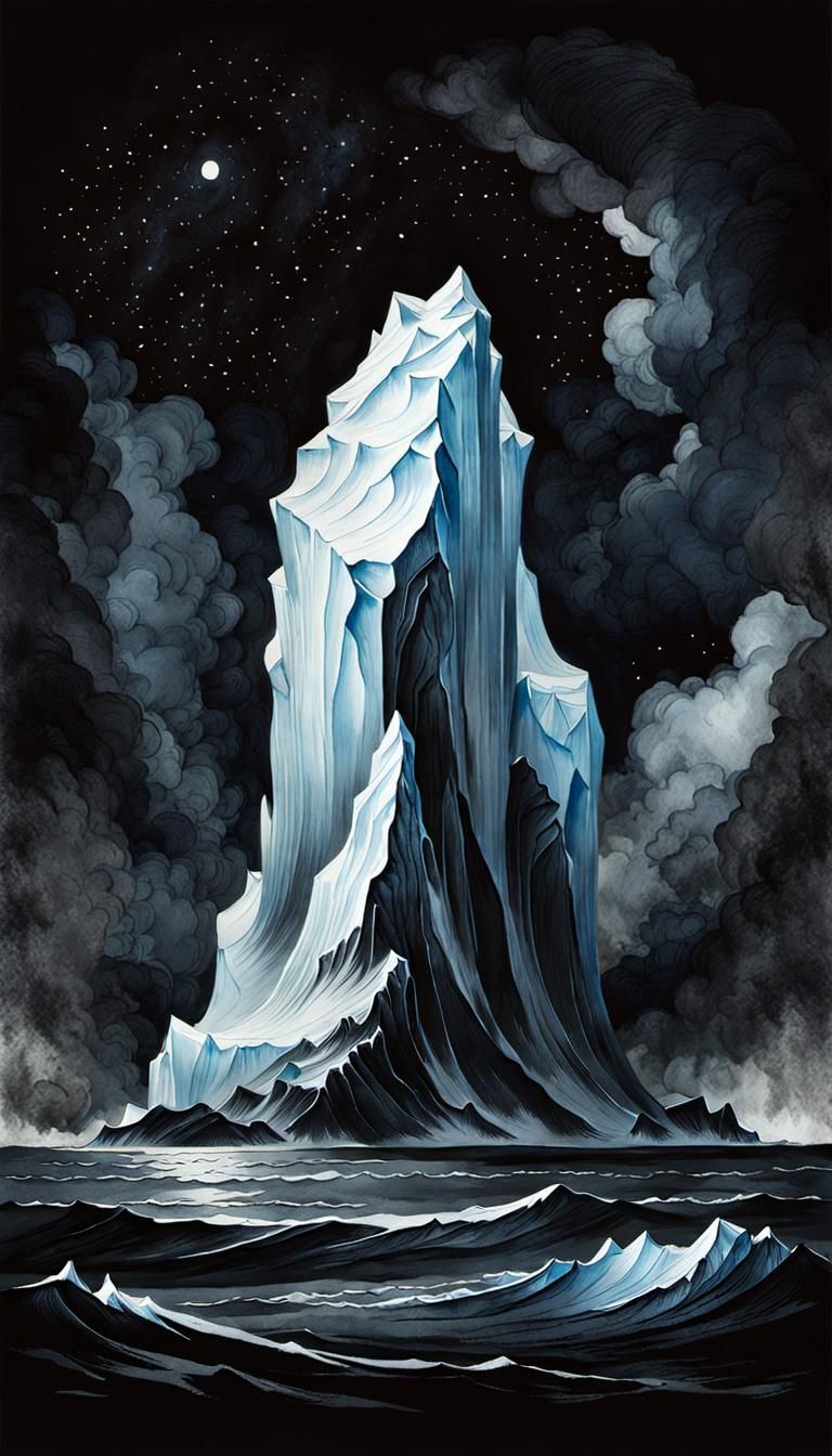 Stylized Inkwash: Iceberg at Sea on Dark Night