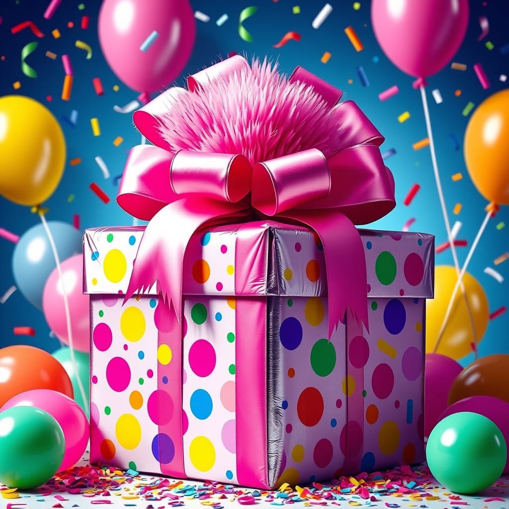 Colorful Birthday Present with Pink Bow in Pop Art Style