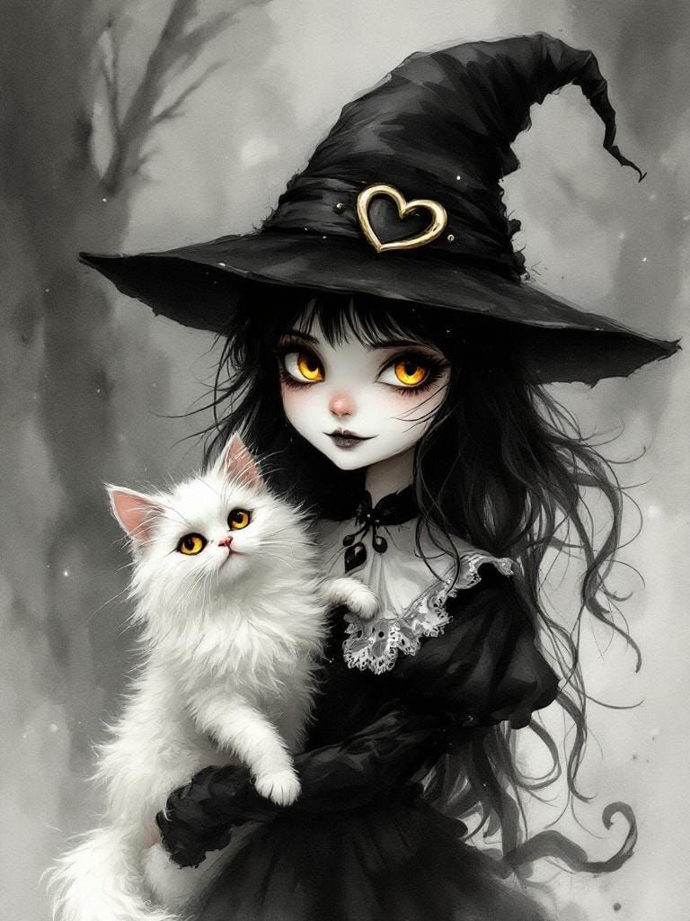 Gothic Witch with Golden Eyes in Ink Wash Style