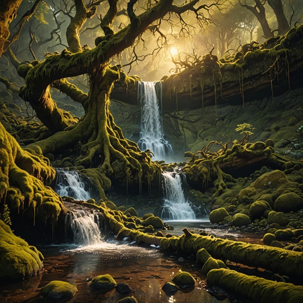 Enchanting Waterfall Scene in Mystical Realism Style