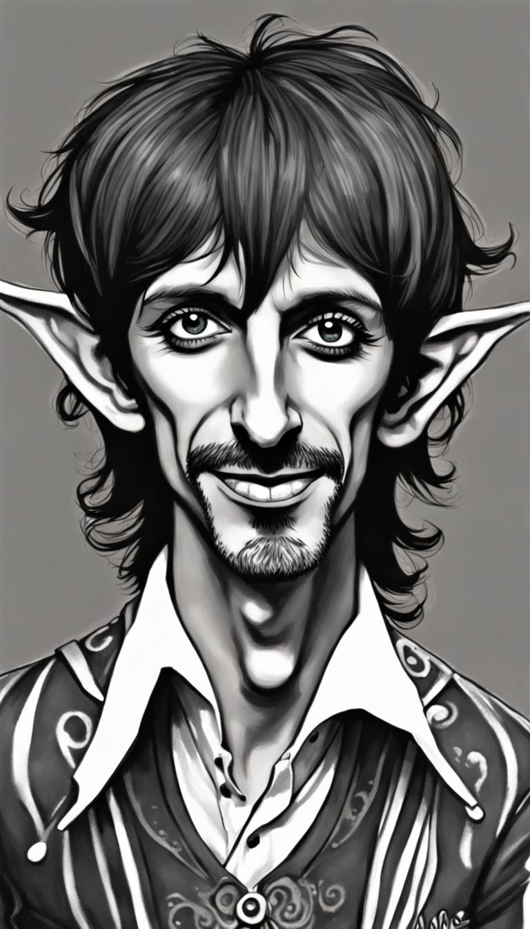 emo Eladrin elf outfit, funny caricature of Ringo Starr the band member of the Beatles,  full body, smooth skin, cigar, ...