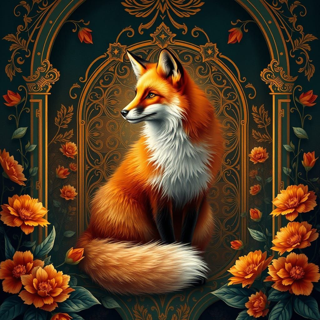 Hyperrealistic Red Fox in Art Nouveau Setting