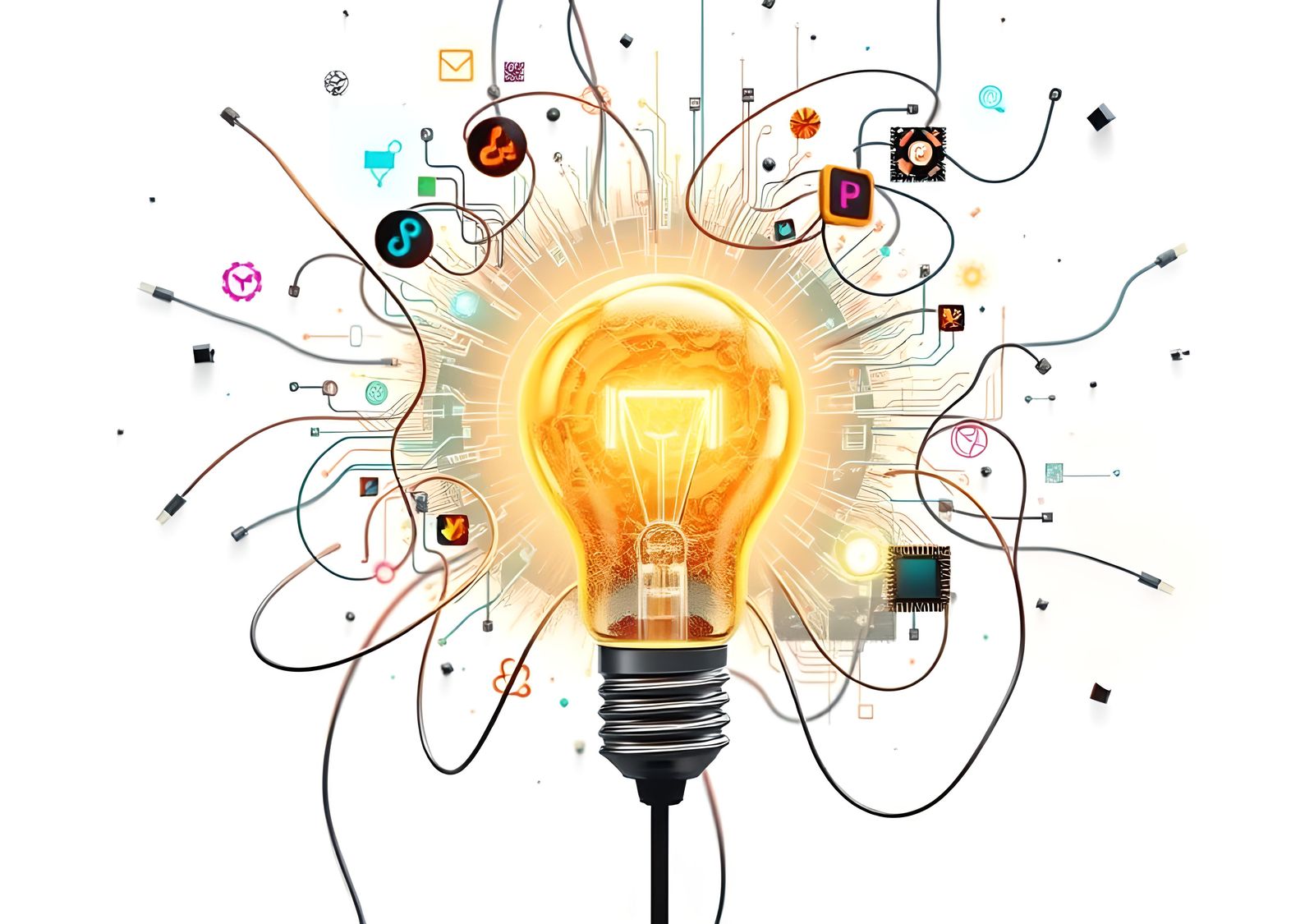 Idea Light Bulb with Technology Icons in Detailed Digital Ar...