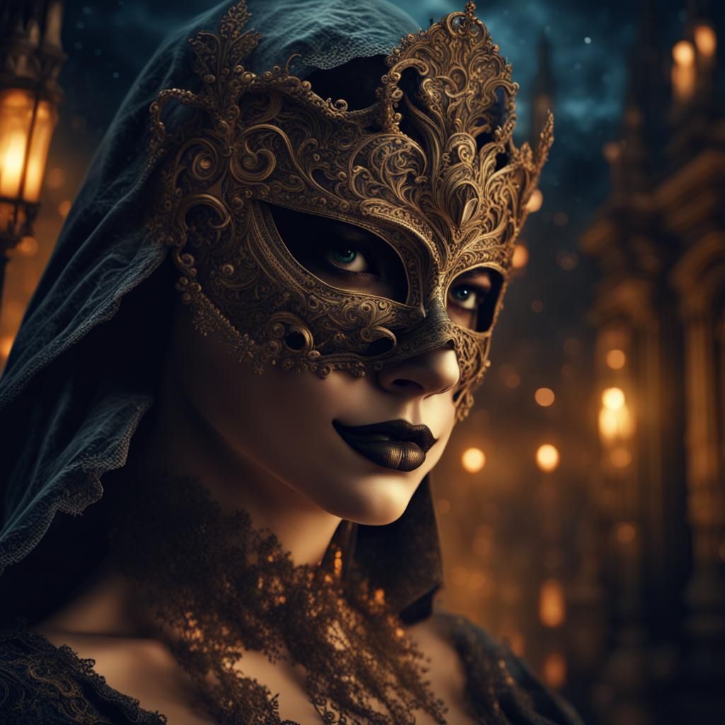 Masked Woman in a Dramatic Halloween Night Digital Painting