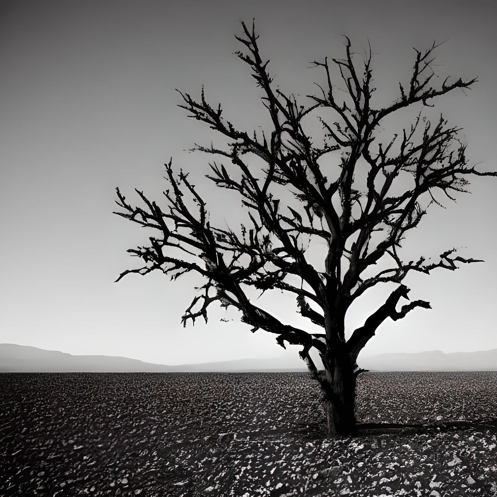 Desolate Desert Landscape with Stark Black Tree