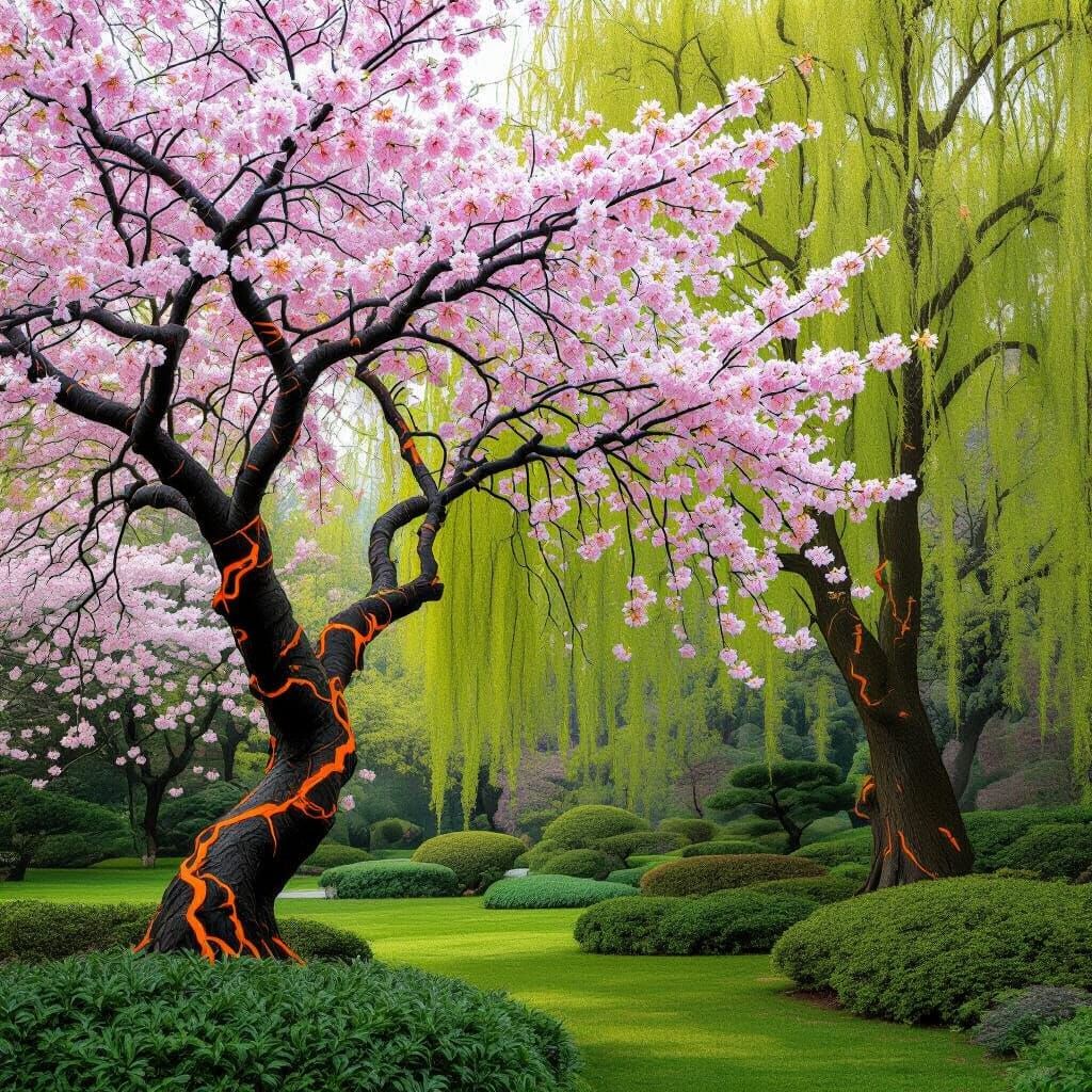 Enchanted Forest: Neon Willows and Electric Cherry Blossoms