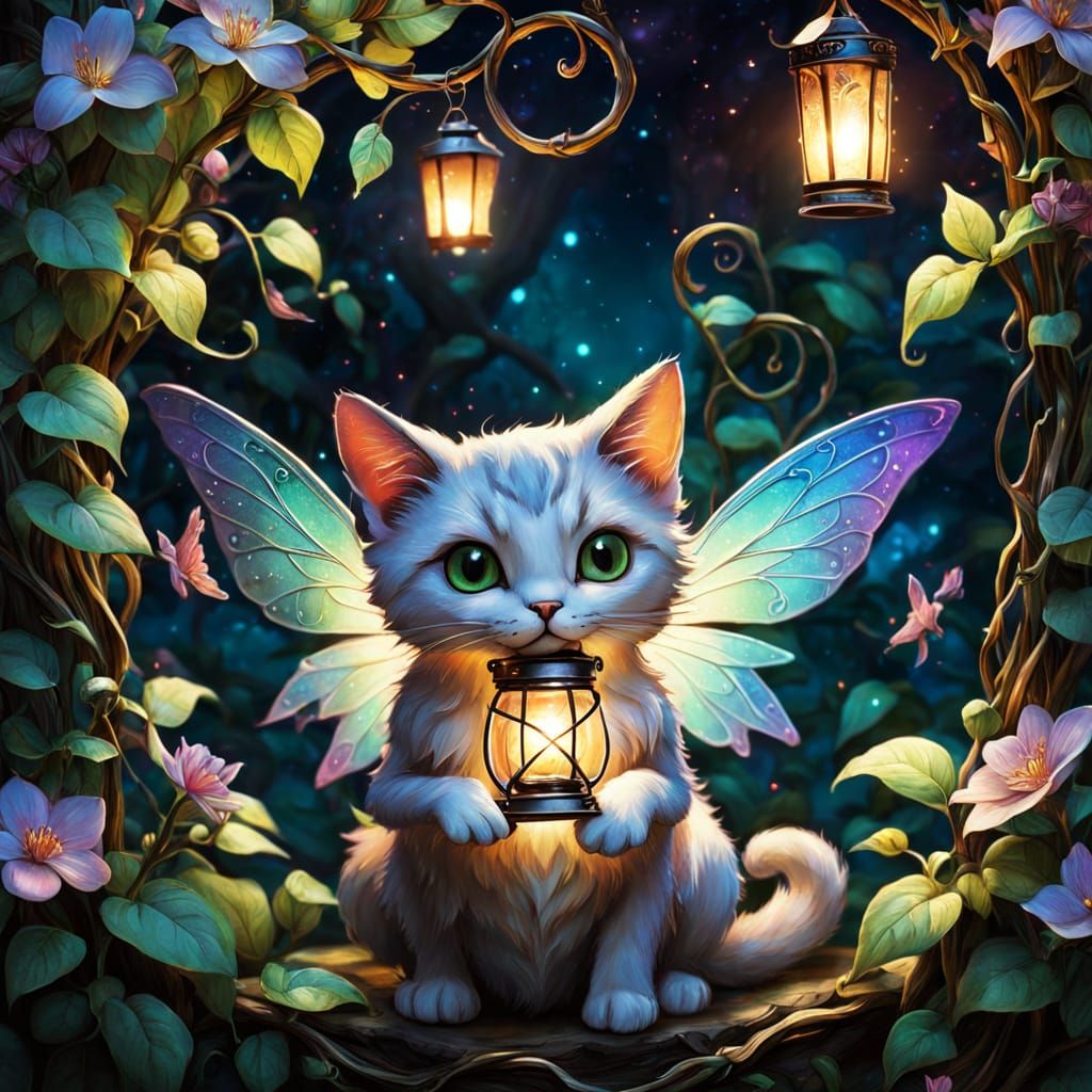 Enchanted Cat Fairy in Moonlit Garden
