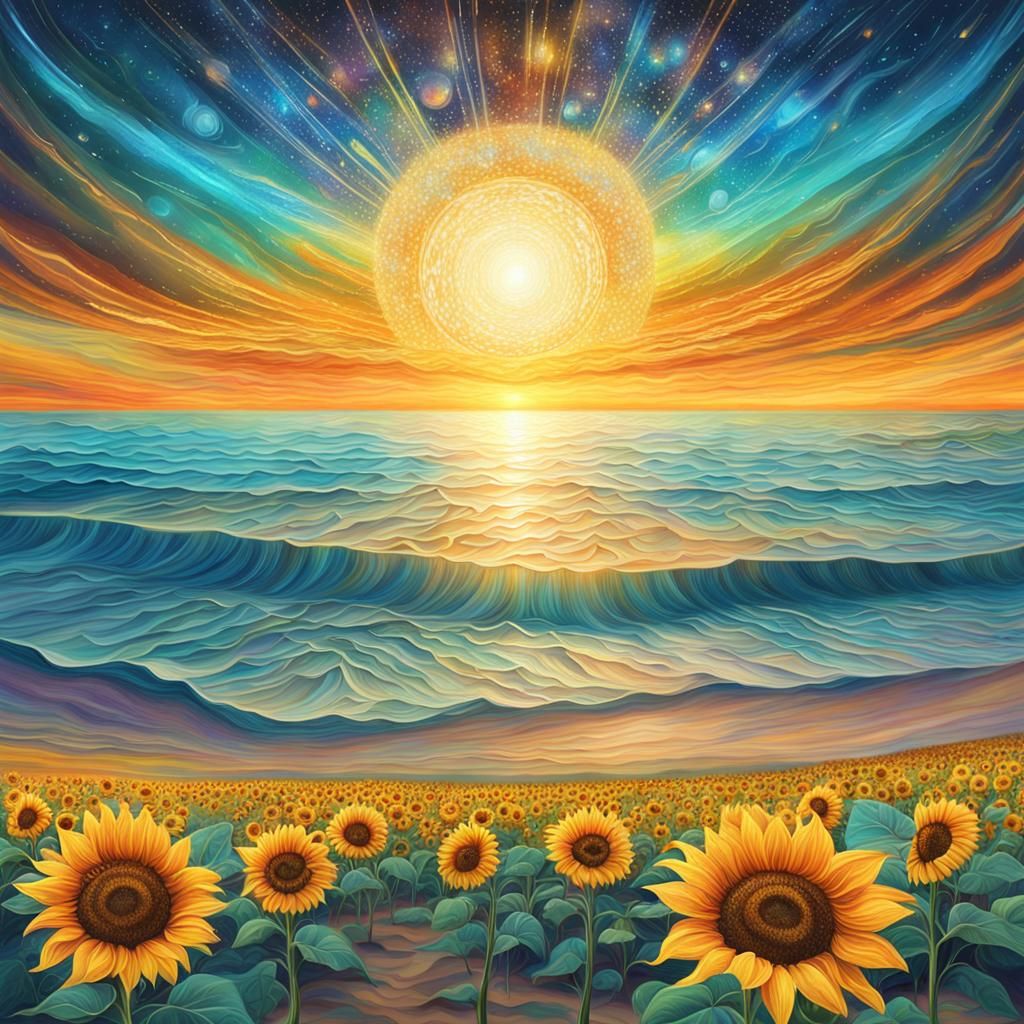 Sunflowers on a Sandy Beach: Astral Cosmic Illustration