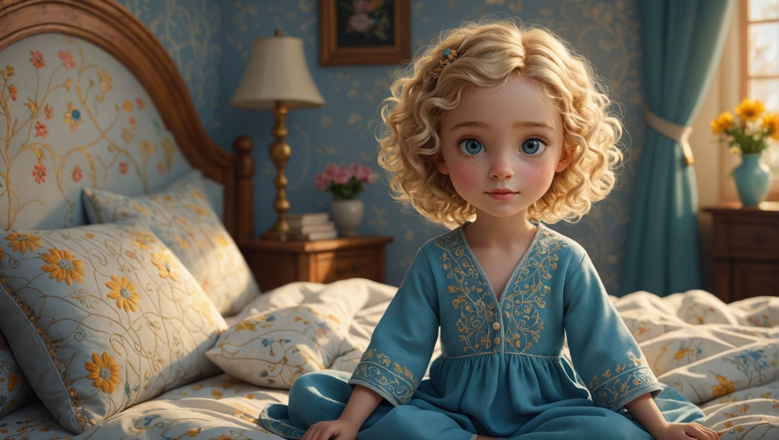 Happy Girl in Bedroom: Storybook Illustration