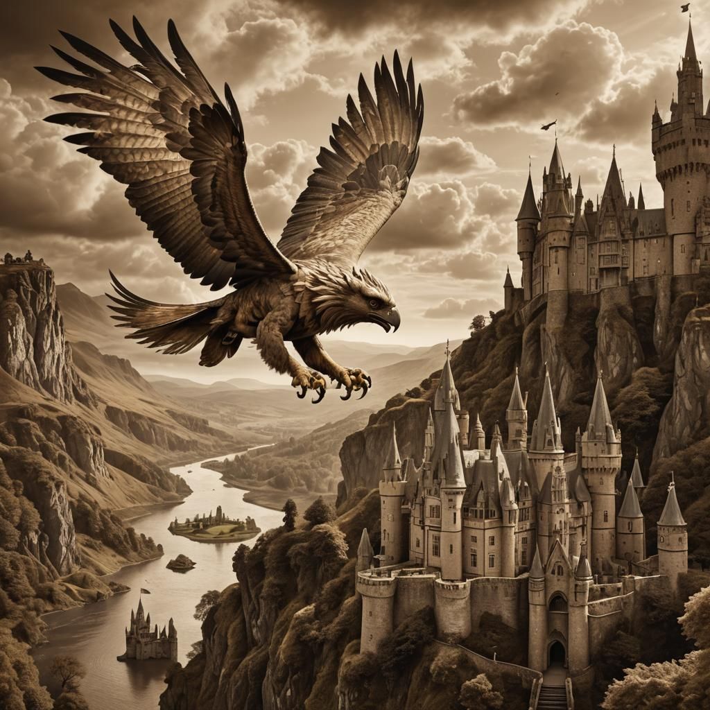 Gryphon Over Scottish Castle: Sepia Digital Painting
