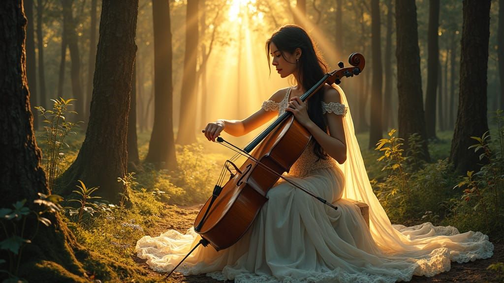 Serene Bride Plays Cello in Cathedral Forest at Sunset