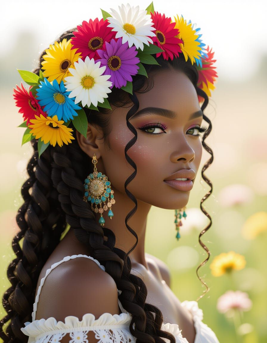 hyper detailed beautiful black woman with colorful flowers in her hair with long natural hair.