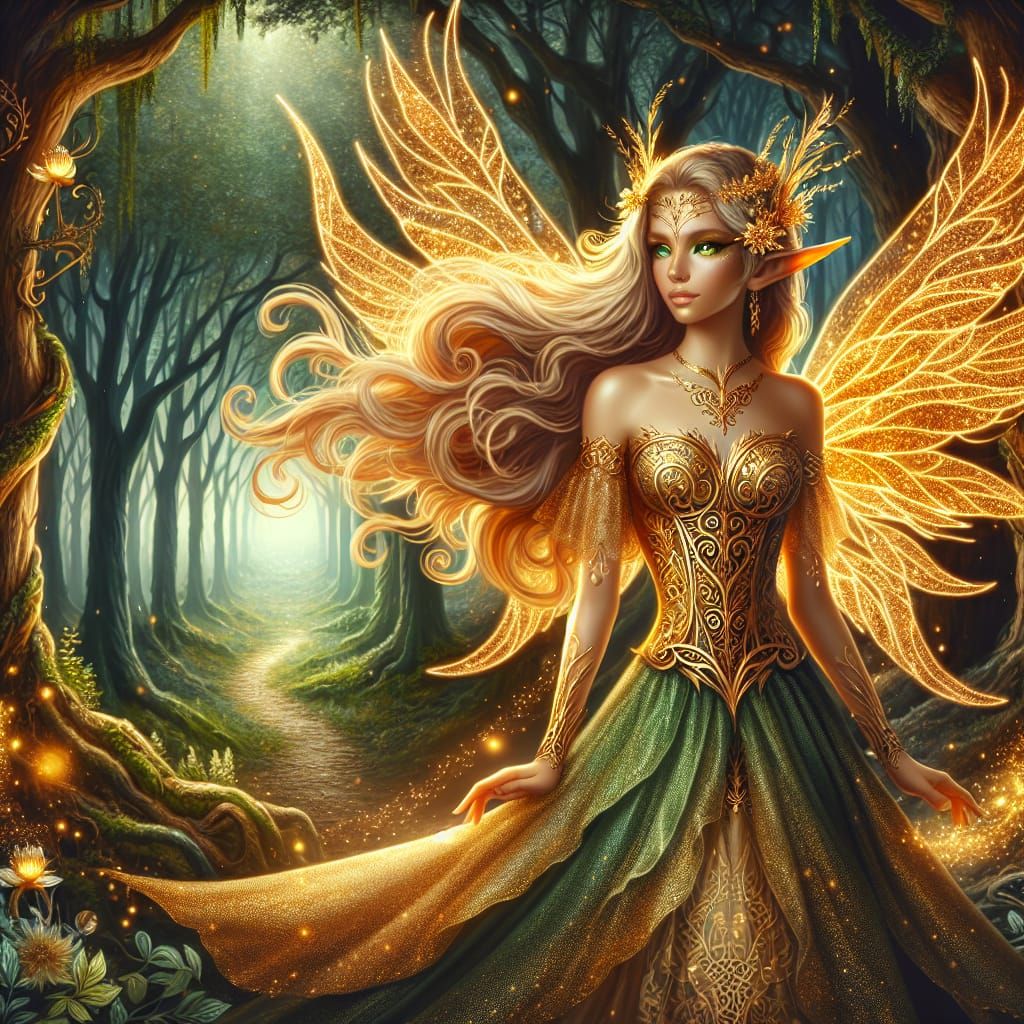 Enchanted Elf with Golden Wings in Mystical Forest