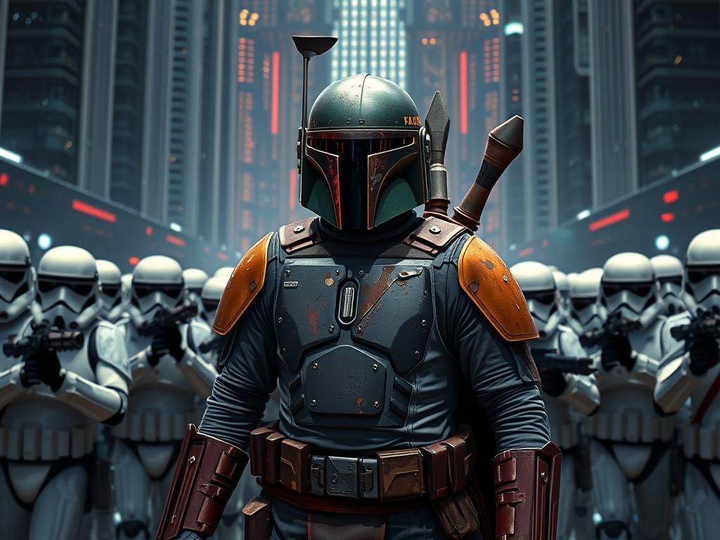 Boba Fett Surrounded by Imperial Stormtroopers in a Futurist...