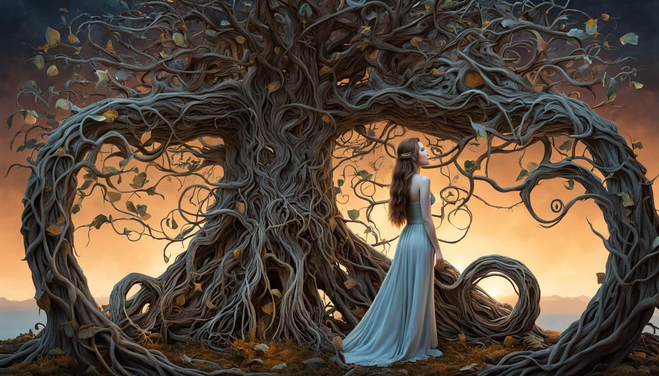 Ethereal Woman Among Roots and Shattered Mirrors in Surreal ...