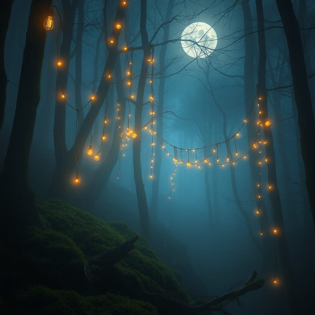 Ethereal Forest Scene Under Foggy Night Sky