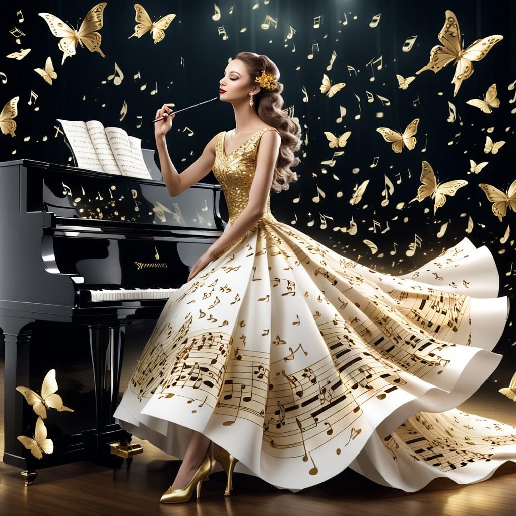 Enchanting Girl Plays Piano in a Symphony of Musical Notes