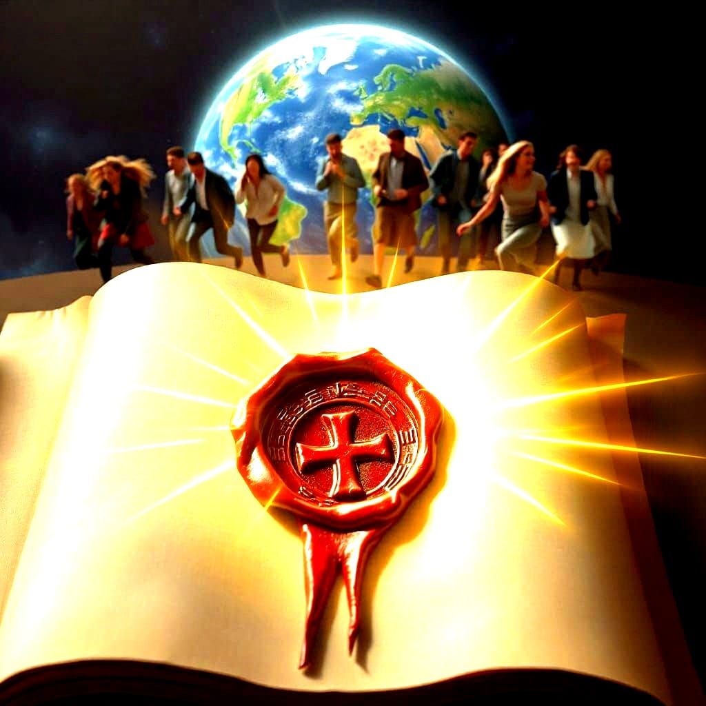 Sacred Scroll with Radiant Light and Hurrying Figures