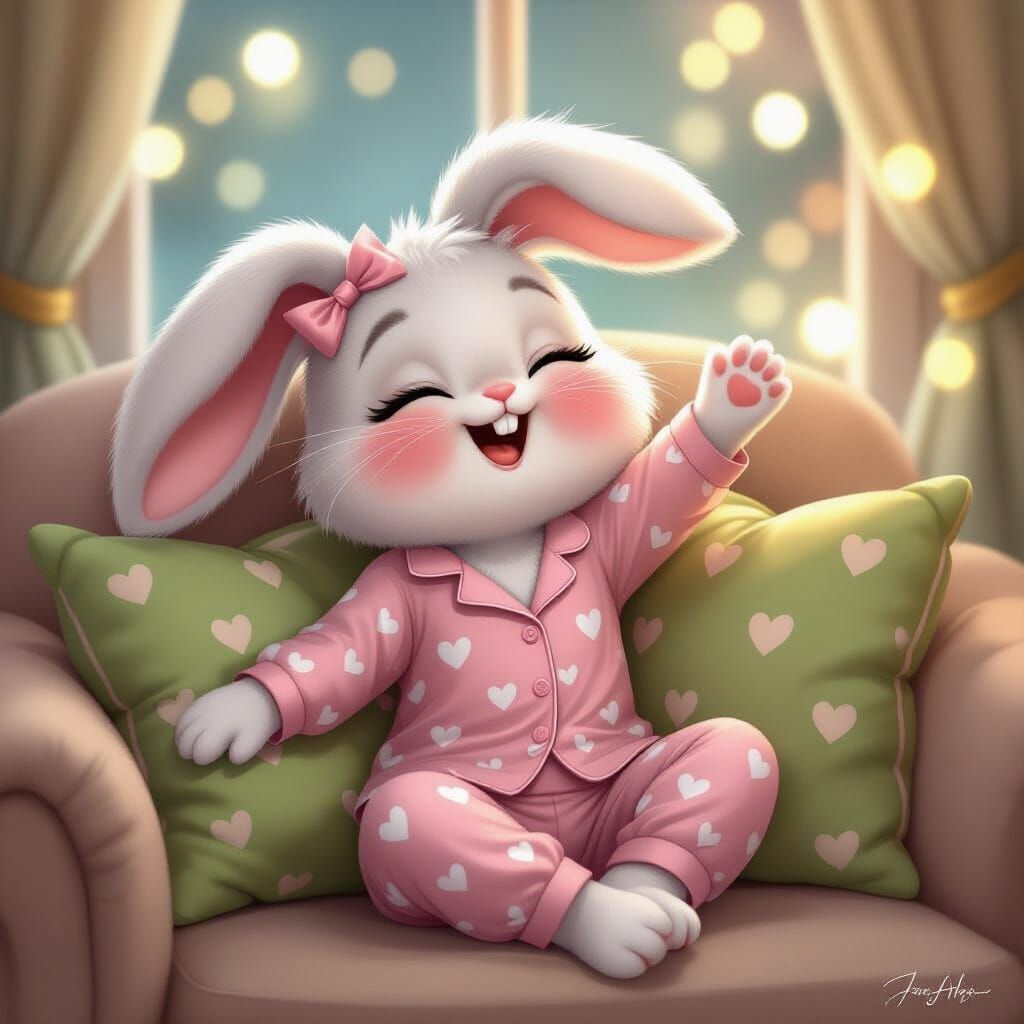 Anthropomorphic Bunny in Cozy Pajamas, Digital Illustration