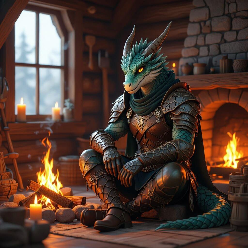 Dragon Hybrid in Woodcutter's Cabin, Anime Style