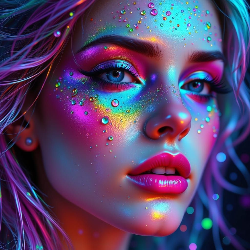 Surreal Fairy Punk Goddess with Neon-Lit, Iridescent Rainbow...