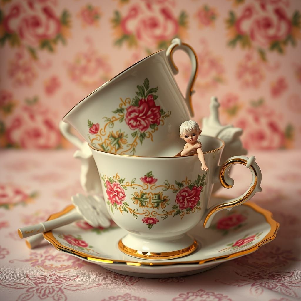 Vibrant Pop Art Horror Scene with Porcelain Dolls and Tea Cu...