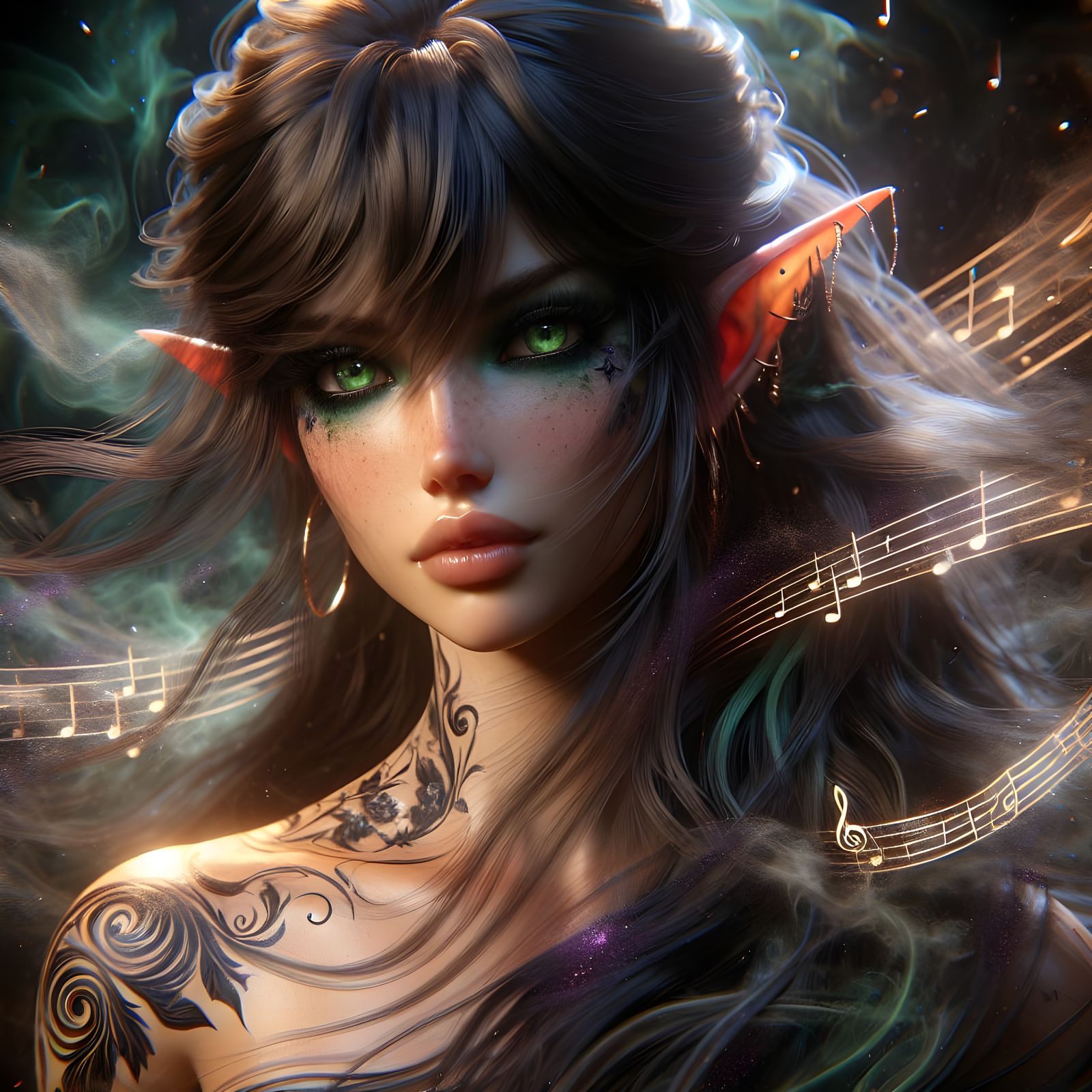Beautiful Elf with Music Notes, Digital Matte Painting