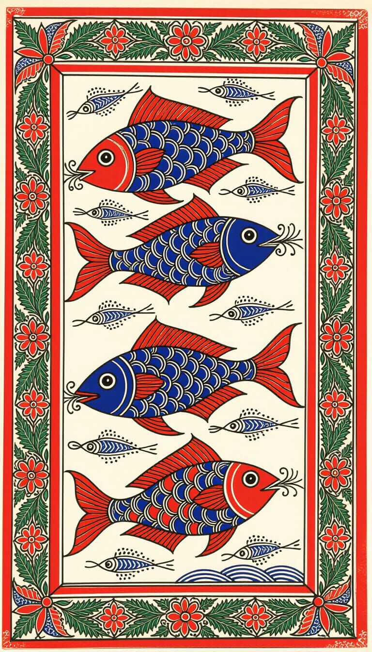 madhubani painting flying fishes