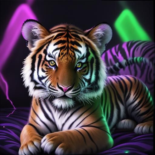 Vibrant Blacklight Art: Glowing Tiger Cub in Fluorescent Col...