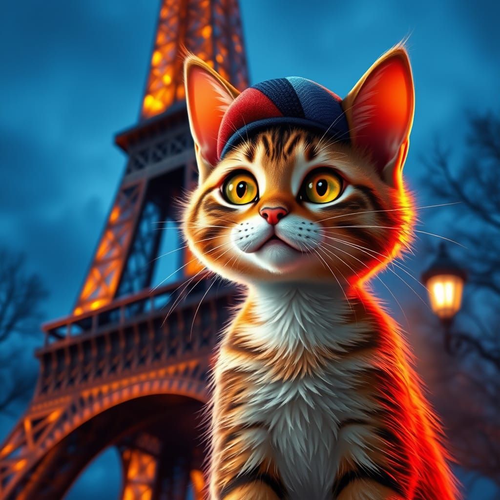 Whimsical Cat Adorns Eiffel Tower at Dusk