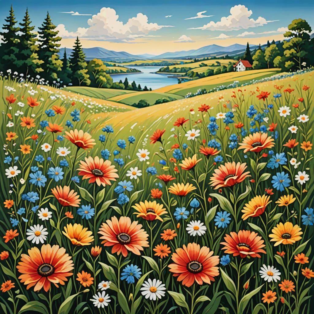 3 colour print flowers in summer breeze landscape