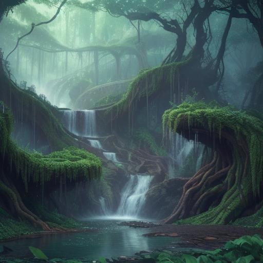 Fantastical Forest with Vine Waterfalls: Matte Painting