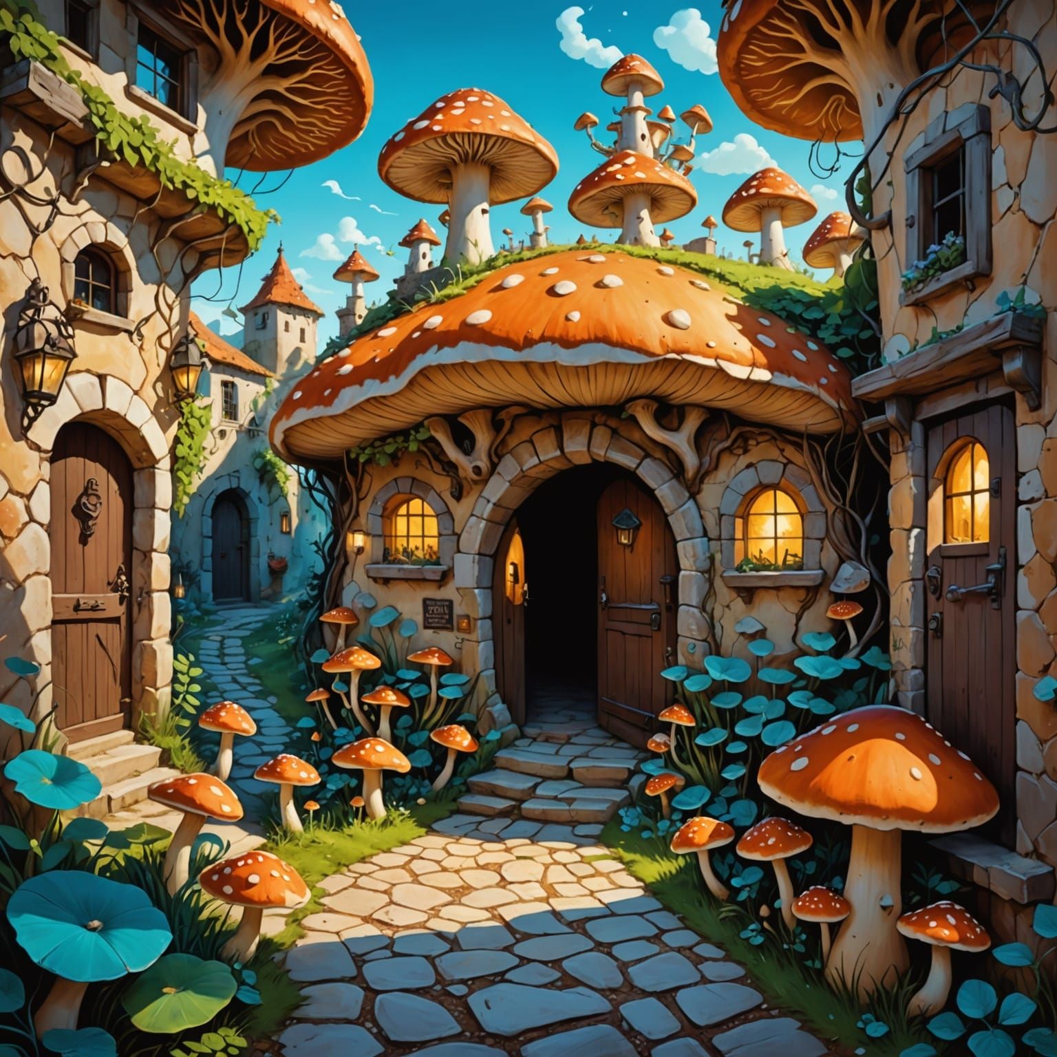 Hidden Tavern in Magical Alley with Glowing Flora