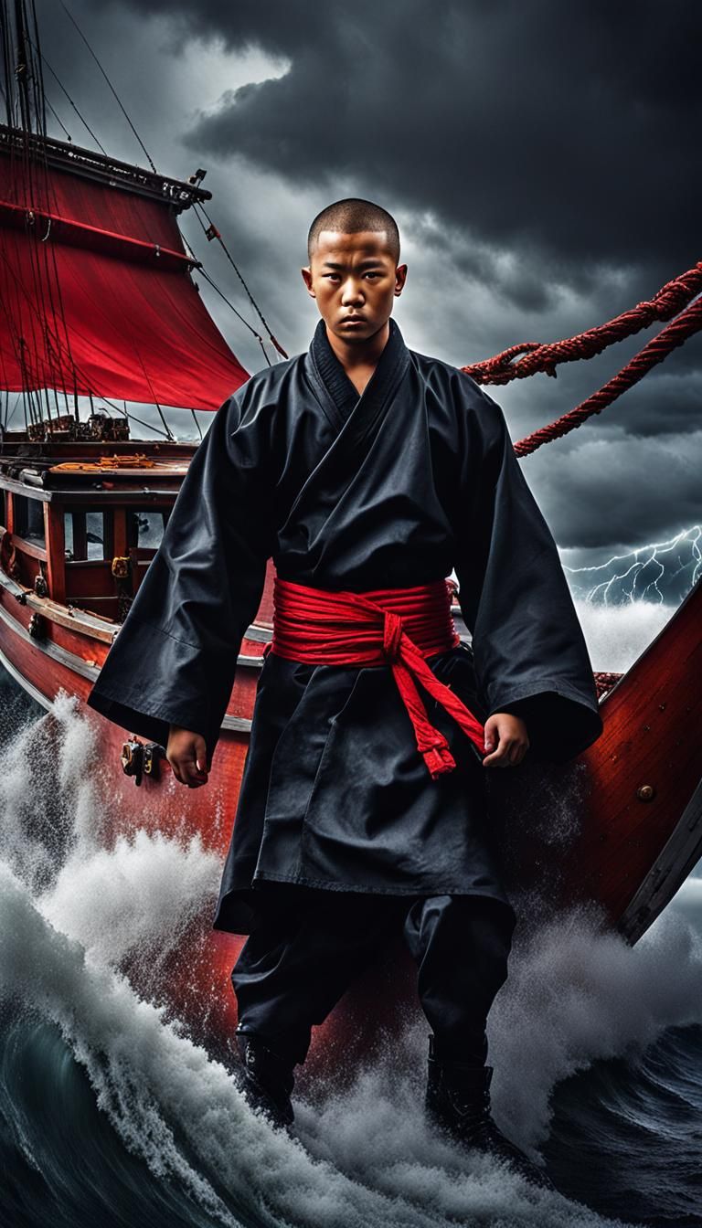 Fearsome Shaolin Monk Pirate Ship, Detailed Anime Art