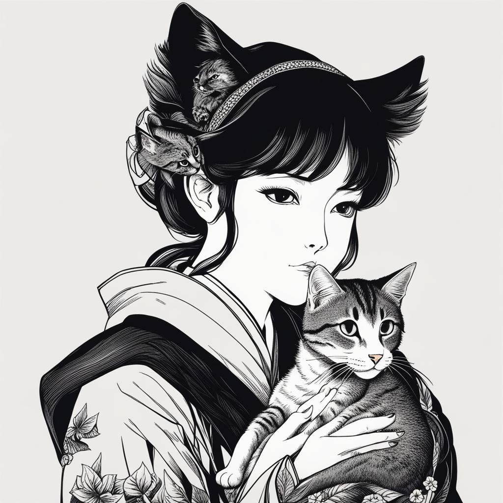 Woman with Cat in Fantasy Illustration Style