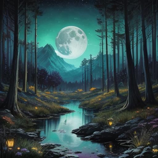 Moonlit Meadow: Digital Watercolor Fantasy Landscape