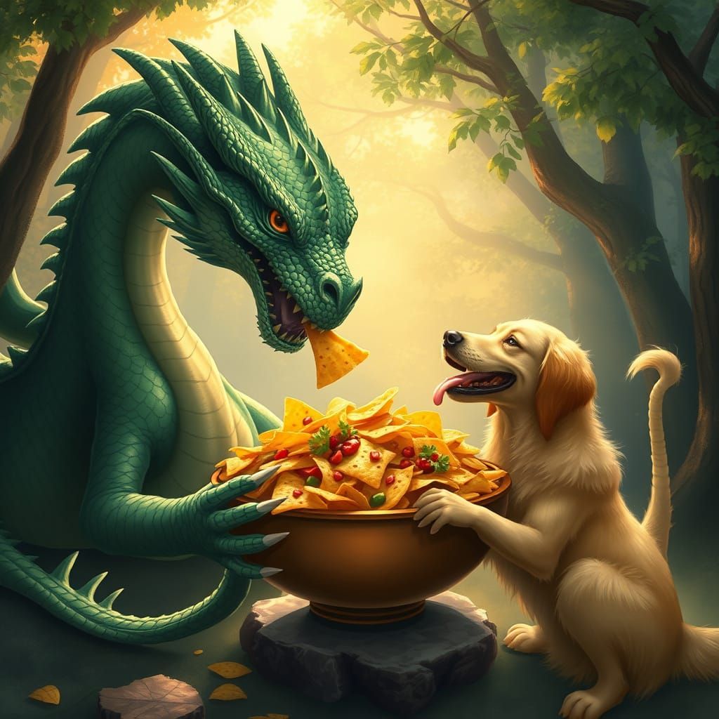 Dragon and Golden Retriever Share Nachos in Whimsical Forest...