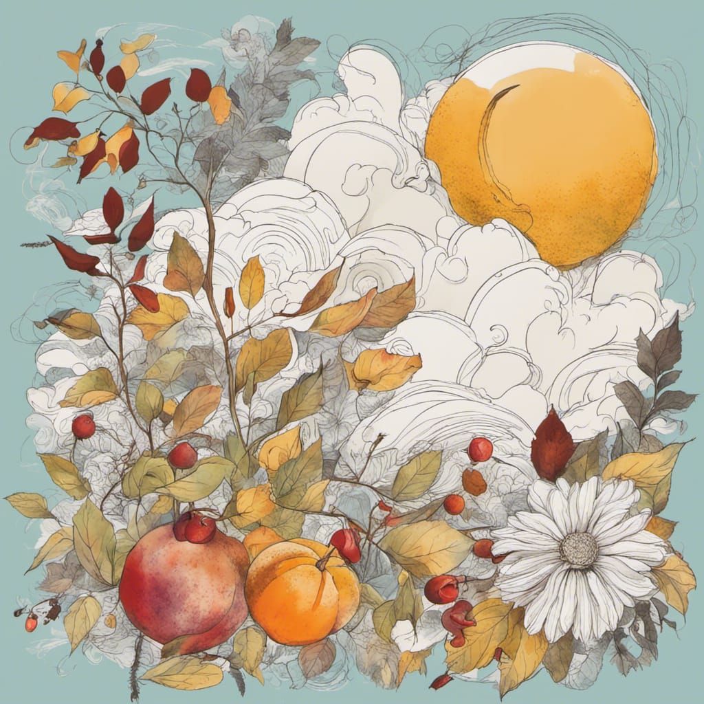 Drawing of Summer Fruit and Autumn Flowers