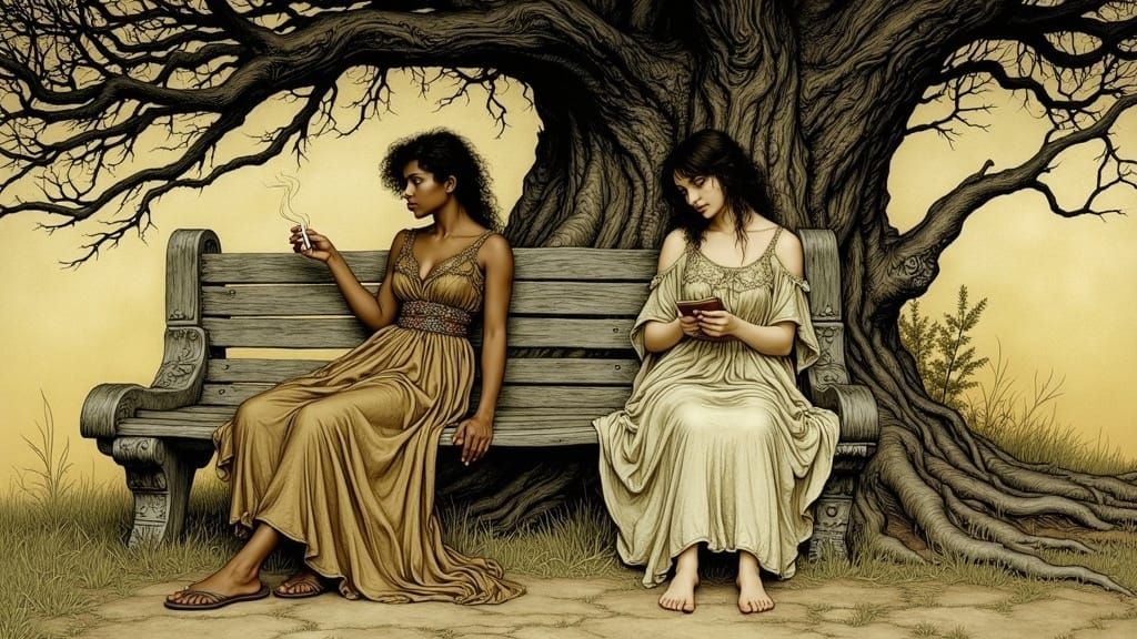 Women on Stone Bench in Arthur Rackham Style