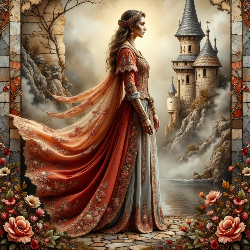 Regal Ruritanian Princess Amidst Castle Splendor