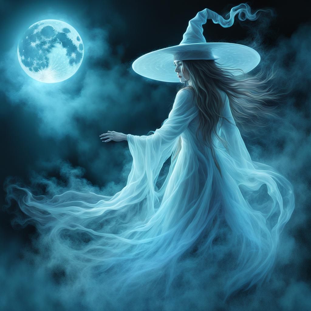 Ethereal Witch Ghost with Bioluminescent Moon