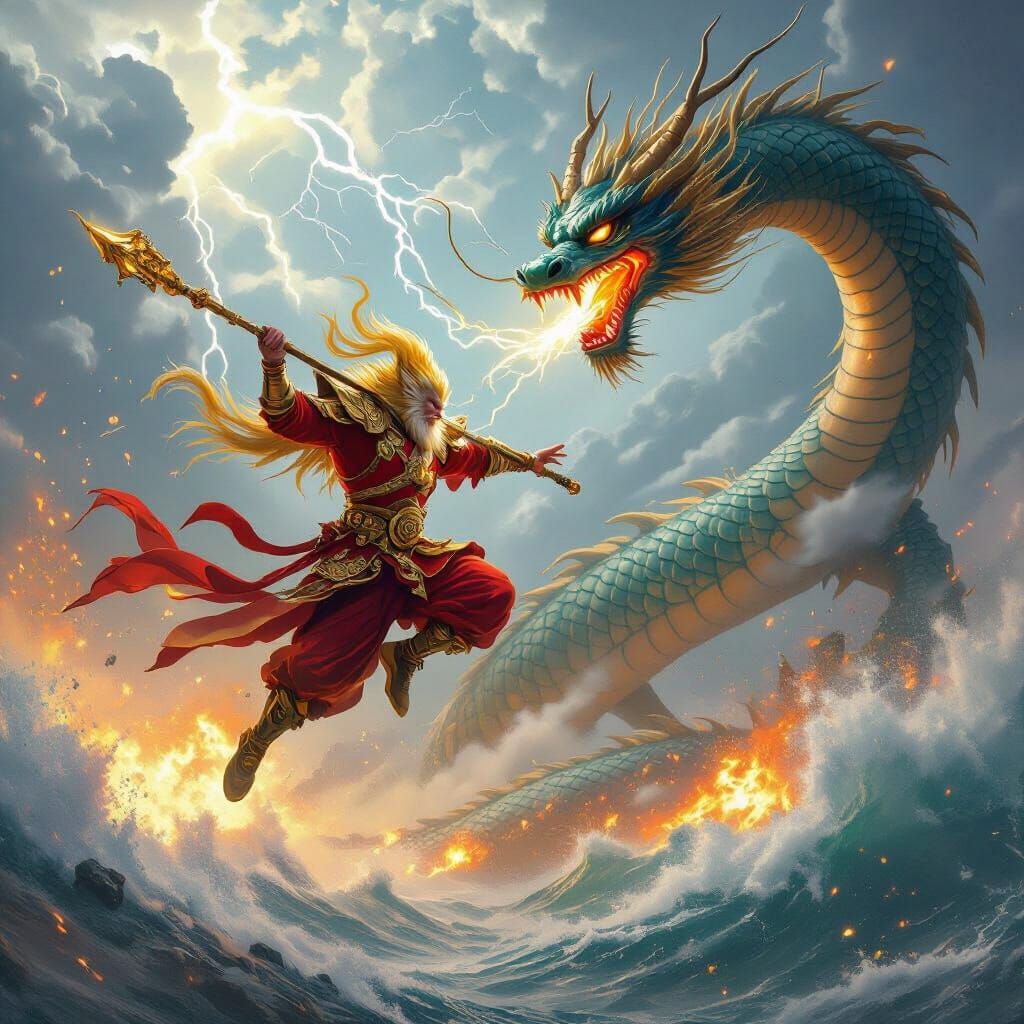 Sun Wukong Battles Giant Dragon in Stormy Seas