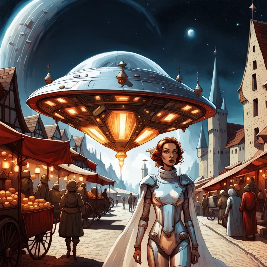 Spacegirl Meets Medieval Woman Under UFO