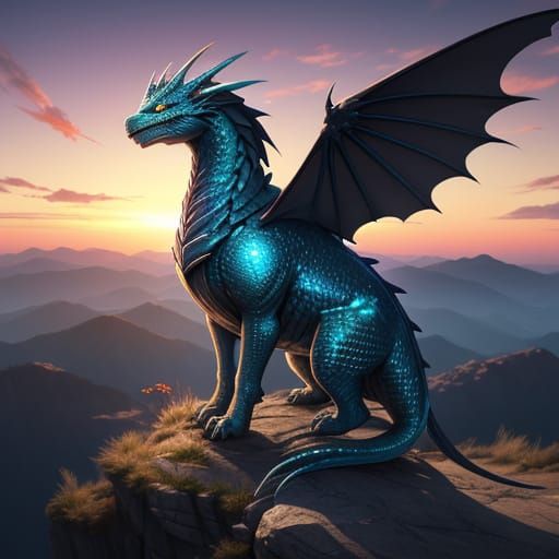 Dog Dragon on Cliff at Sunset in Anime Style
