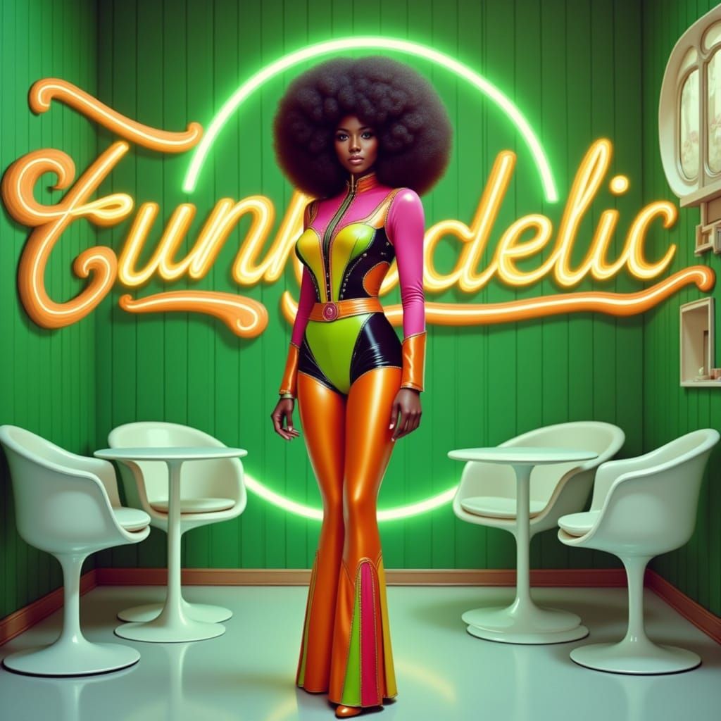 Funky Seventies Woman in Retro-Futuristic Room