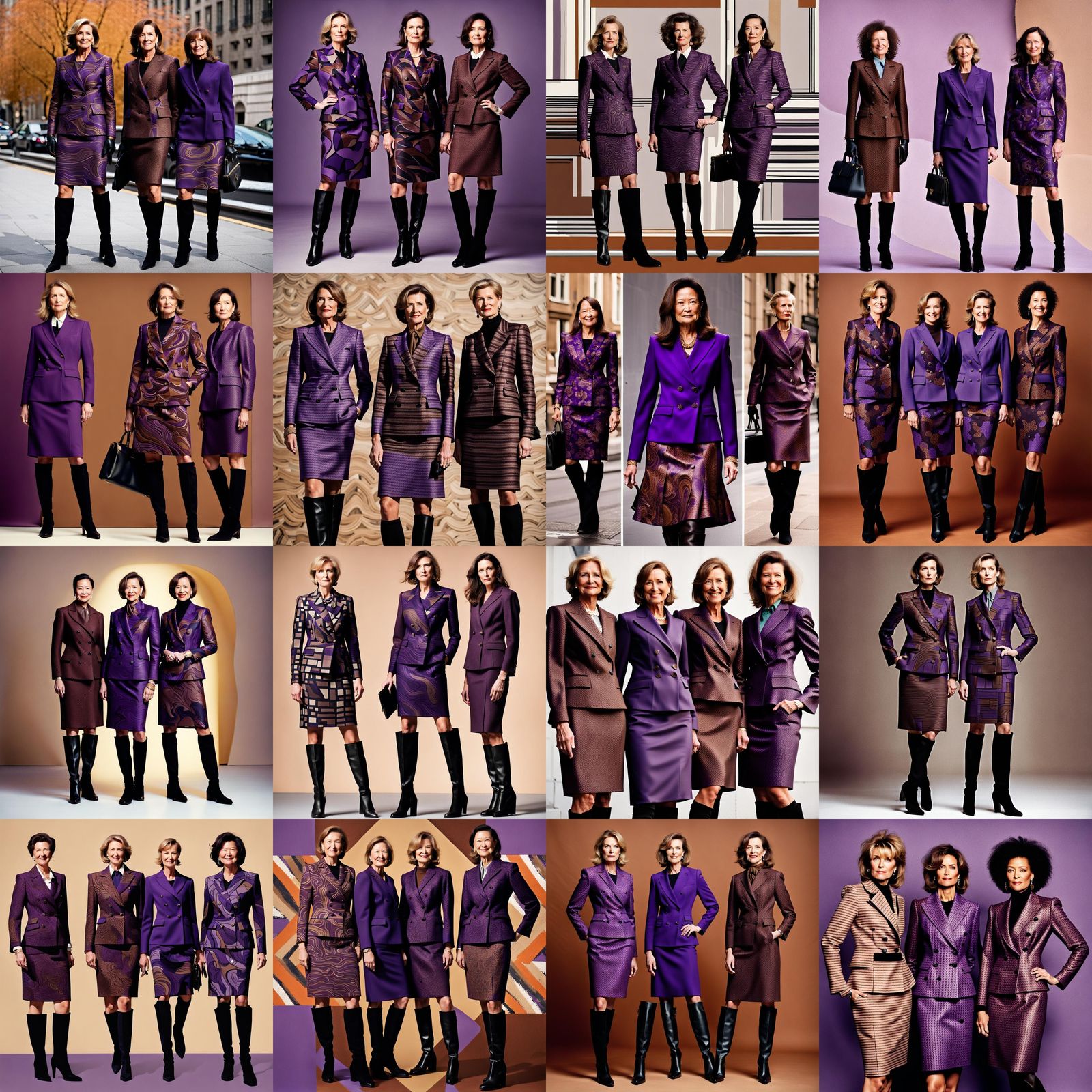 Businesswomen in Abstract Purple and Brown Suits