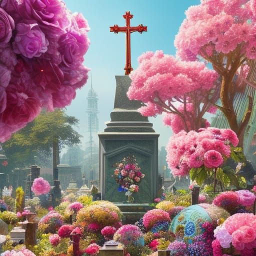 Intricate Grave Covered in Flowers Digital Illustration
