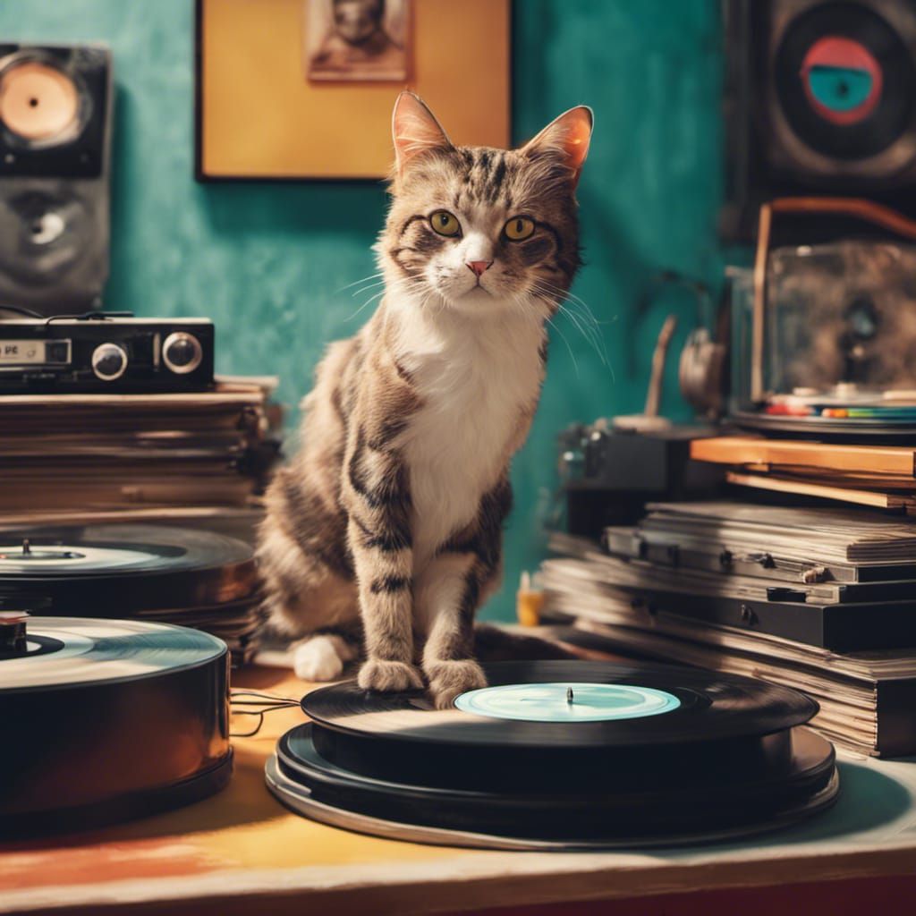 Cat Listens to Records: Hyperrealistic Concept Art