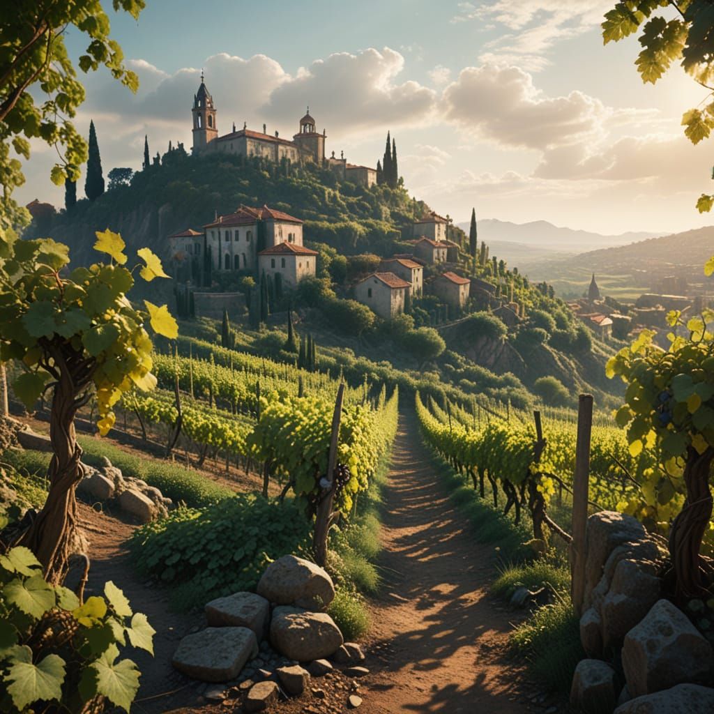 Dreamlike Vineyard Landscape with Hilltop Village