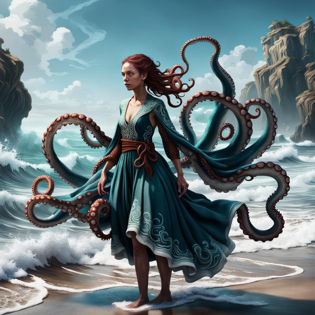 Girl standing the waves, octopus wrapped around her, beach scene.